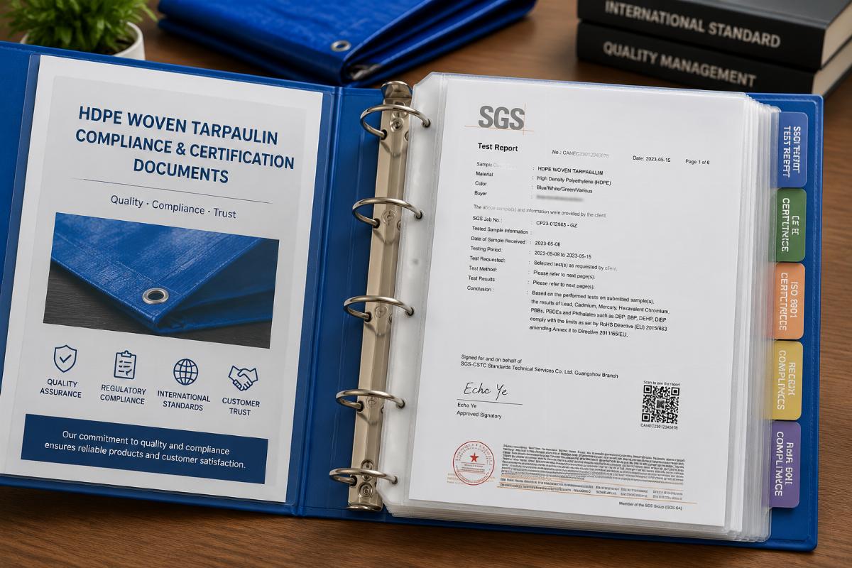 A binder of official compliance and certification documents for HDPE woven tarpaulin products
