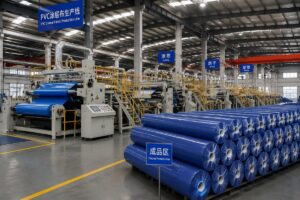 A factory floor with automated production lines for PVC coated fabric, with finished liner rolls stacked neatly