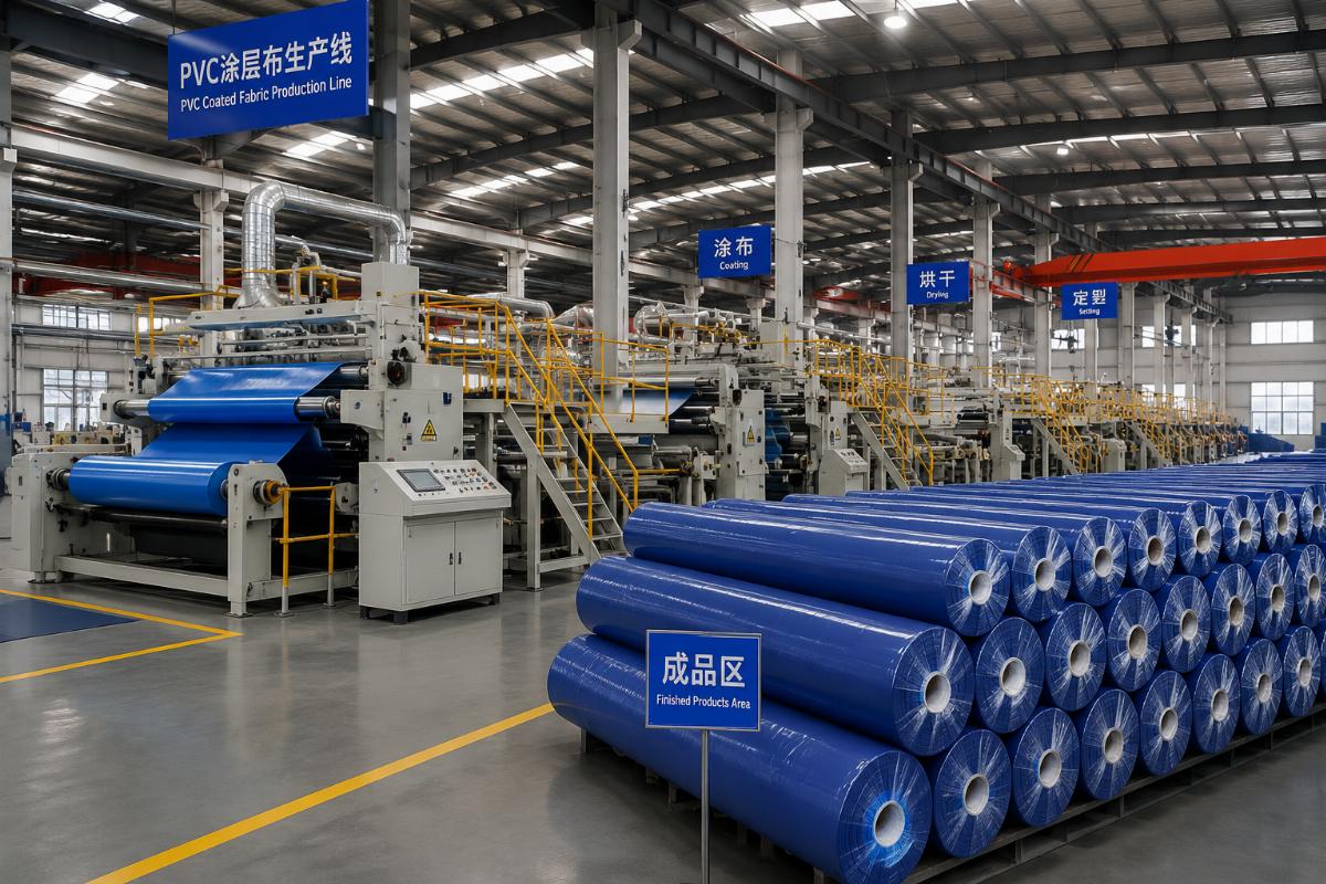A factory floor with automated production lines for PVC coated fabric, with finished liner rolls stacked neatly