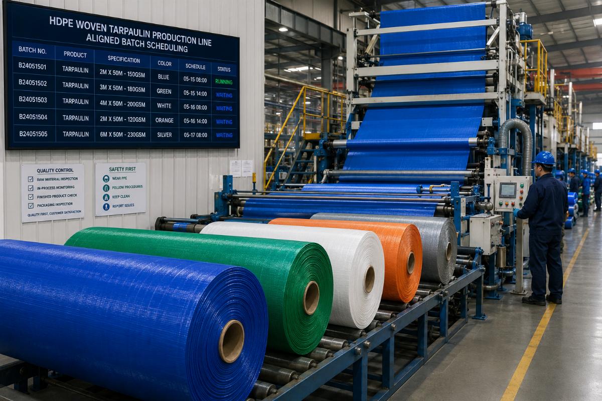 A production line running custom HDPE woven tarpaulin rolls with aligned batch scheduling