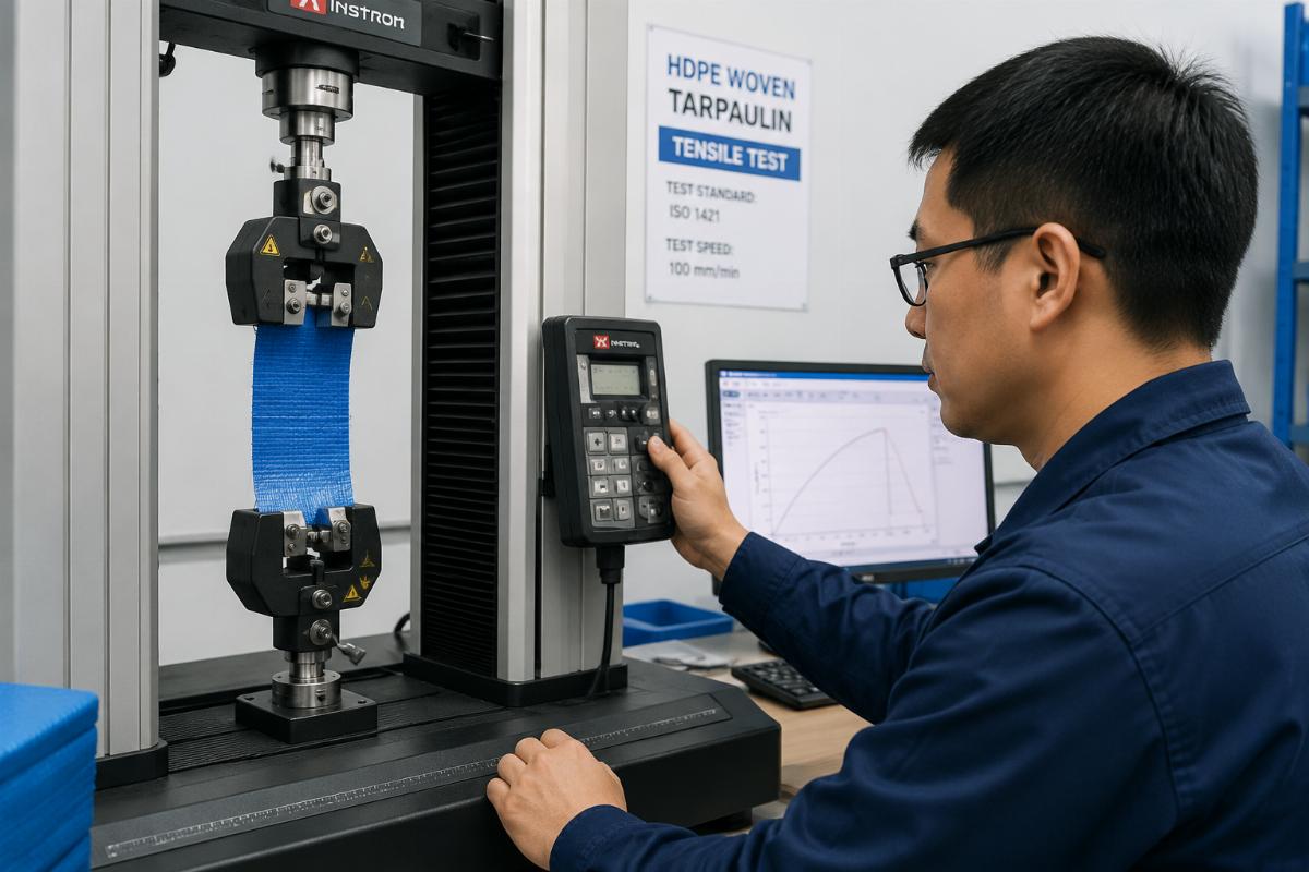 A quality control technician running a tensile resistance test on a small HDPE woven tarpaulin sample