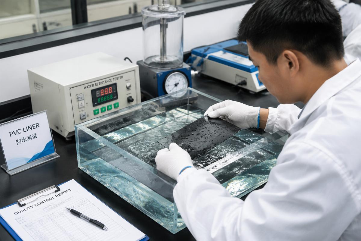 A quality control technician testing a sample of PVC liner for water resistance in a factory lab