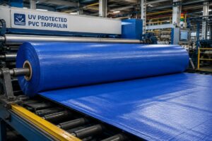 A roll of UV-protected PVC tarpaulin laid out on a factory production line