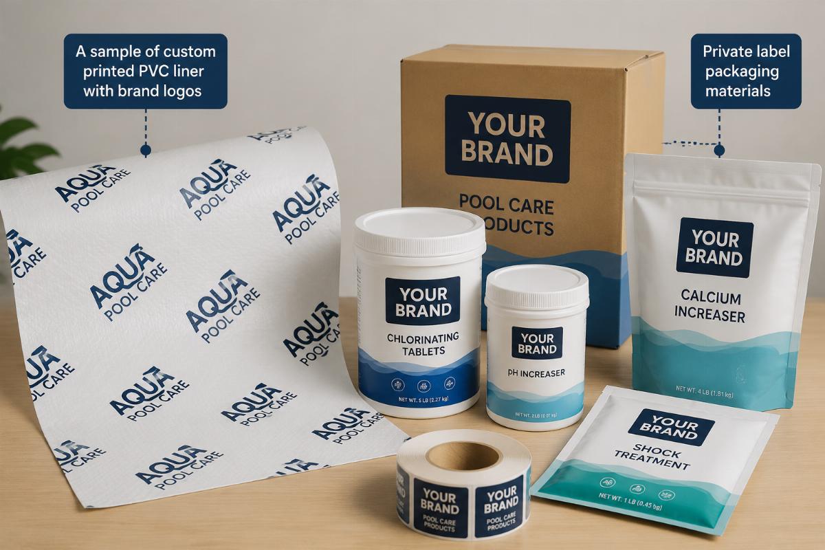 A sample of custom printed PVC liner with brand logos next to private label packaging materials