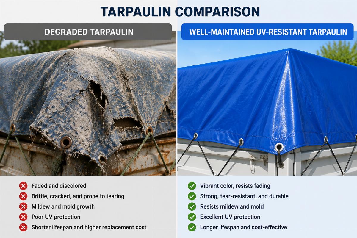 A side by side comparison of degraded tarpaulin and well-maintained UV-resistant tarpaulin