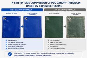 A side-by-side comparison of high-quality and low-quality PVC canopy tarpaulin under UV exposure testing
