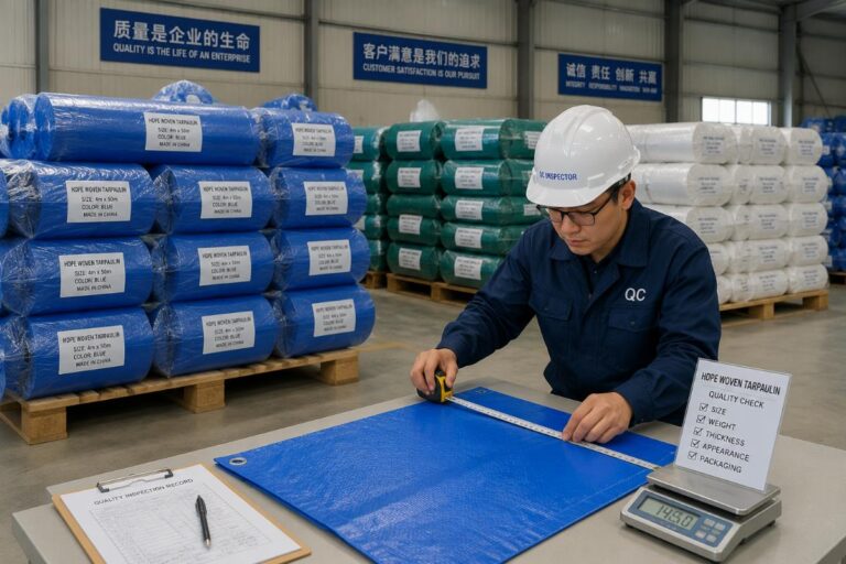 A warehouse floor stacked with neatly labeled rolls of HDPE woven tarpaulin, with a quality control inspector checking sample dimensions