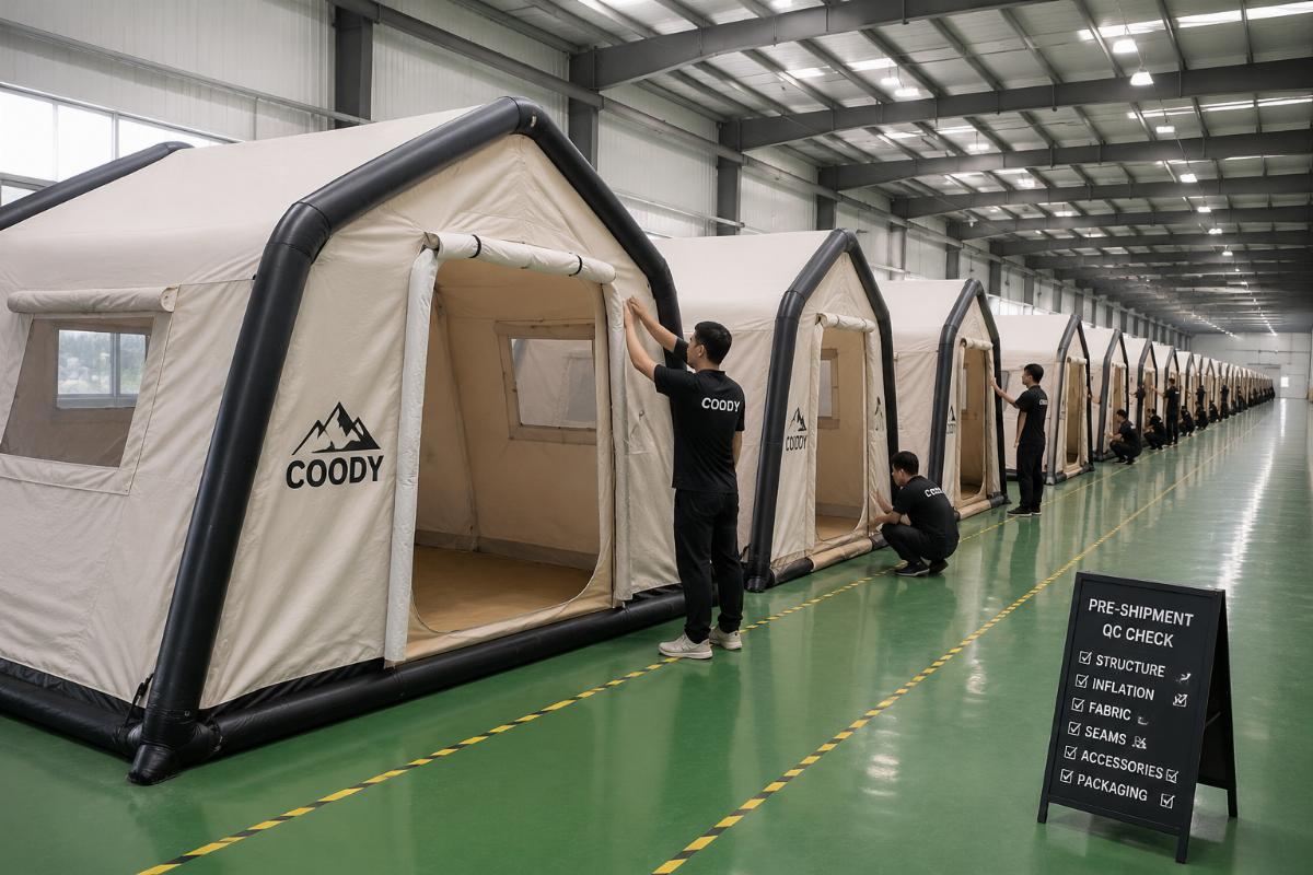 Bulk inflatable tent units lined up for final pre-shipment QC checks