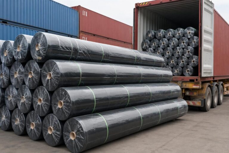 Bulk PVC fish pond liner rolls stacked for container loading