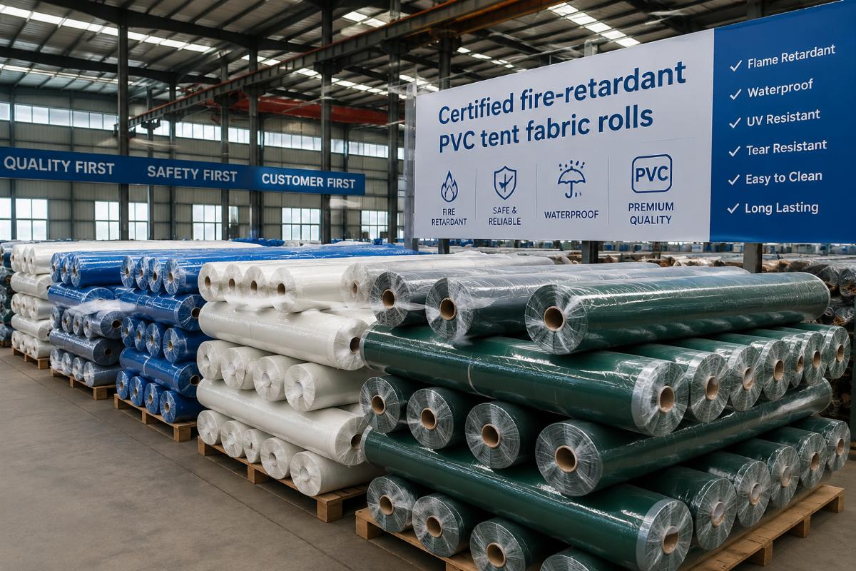 Certified fire-retardant PVC tent fabric rolls stacked in a factory warehouse