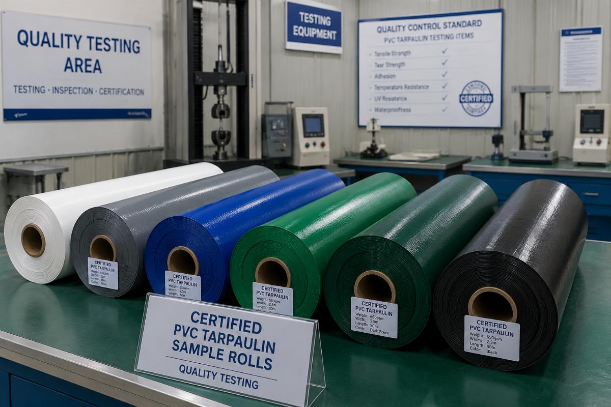Certified PVC tarpaulin sample rolls in factory testing area