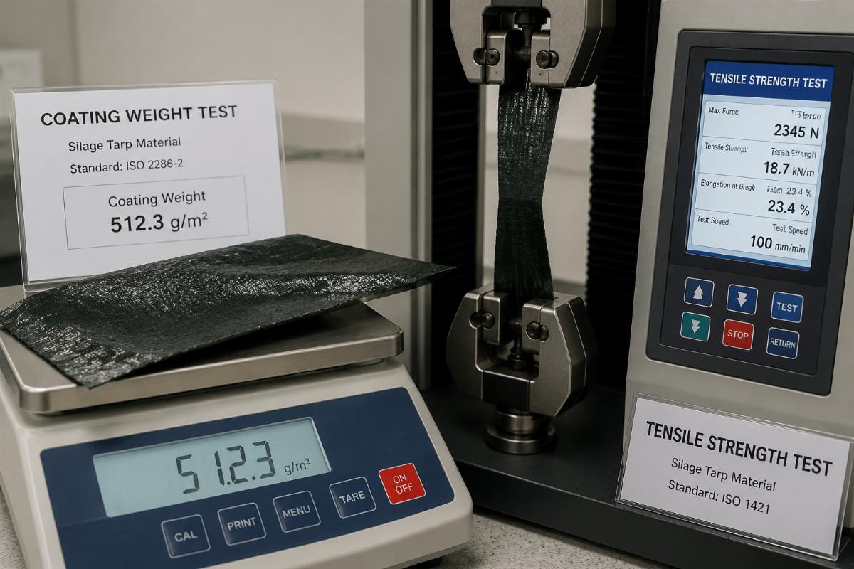 Close-up of silage tarp material testing for coating weight and tensile strength