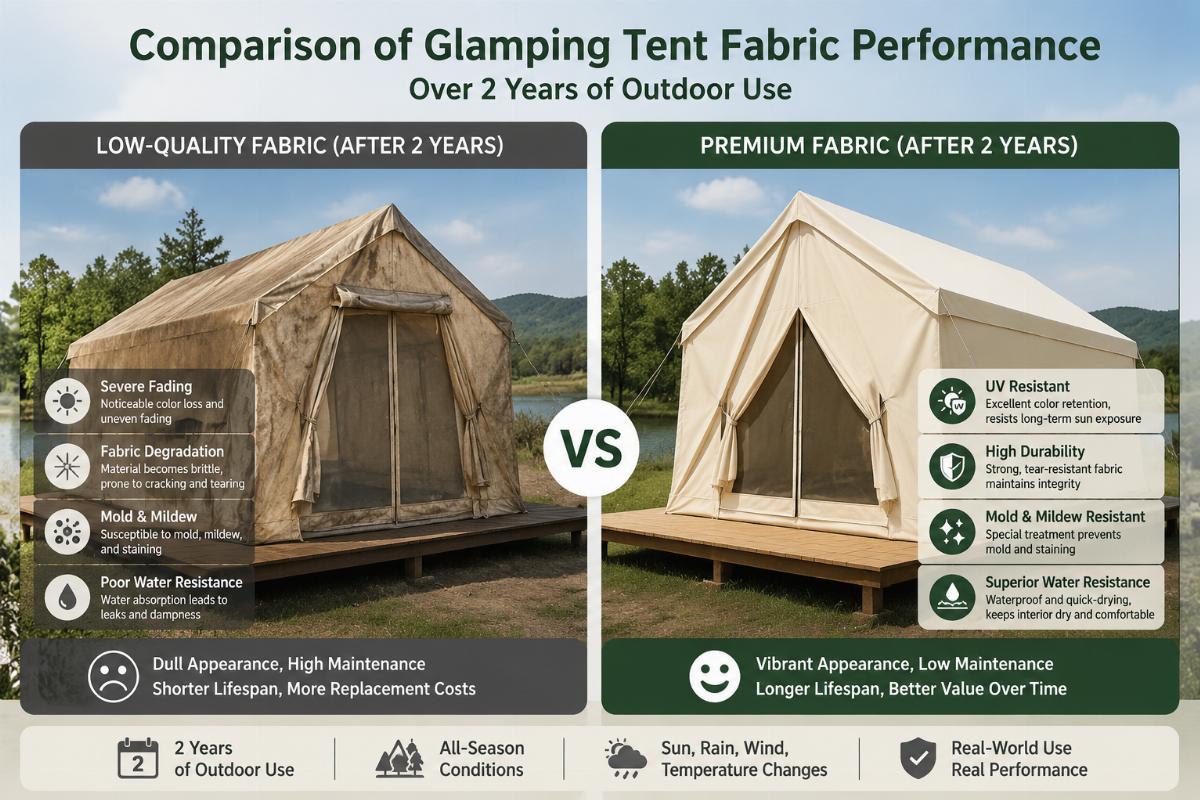 Comparison of glamping tent fabric performance over 2 years of outdoor use, showing faded low-quality fabric vs intact premium material