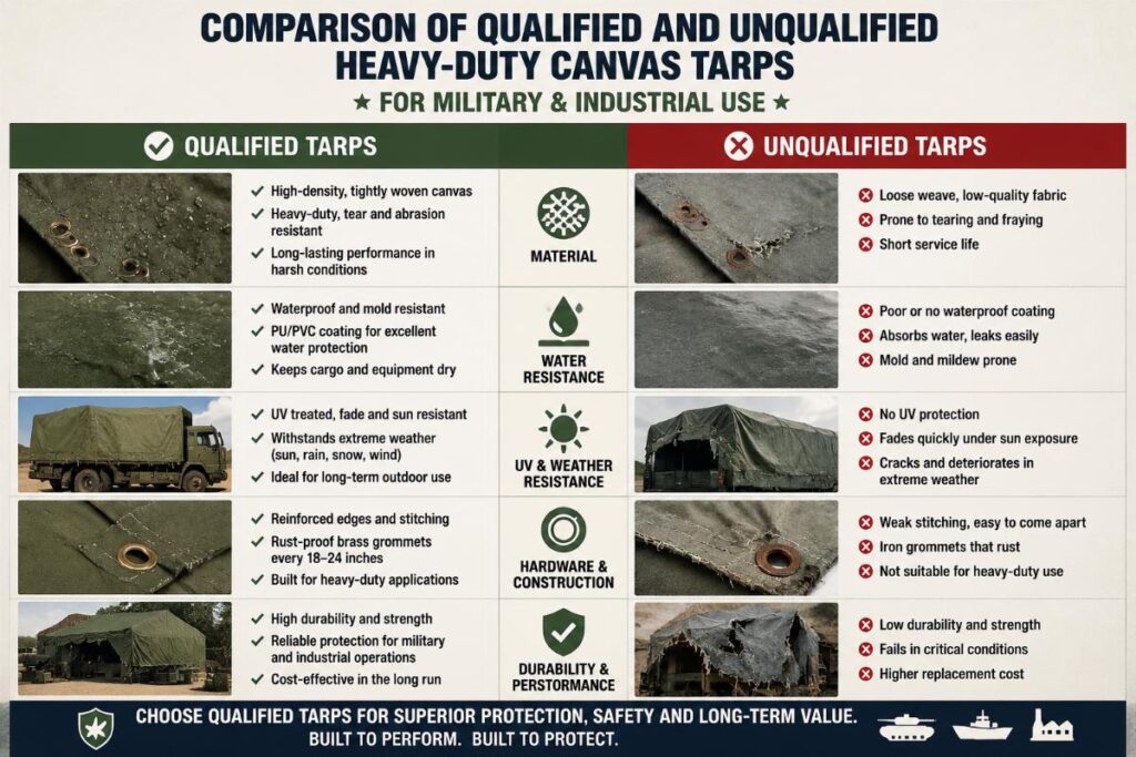 Comparison of qualified and unqualified heavy-duty canvas tarps for military and industrial use