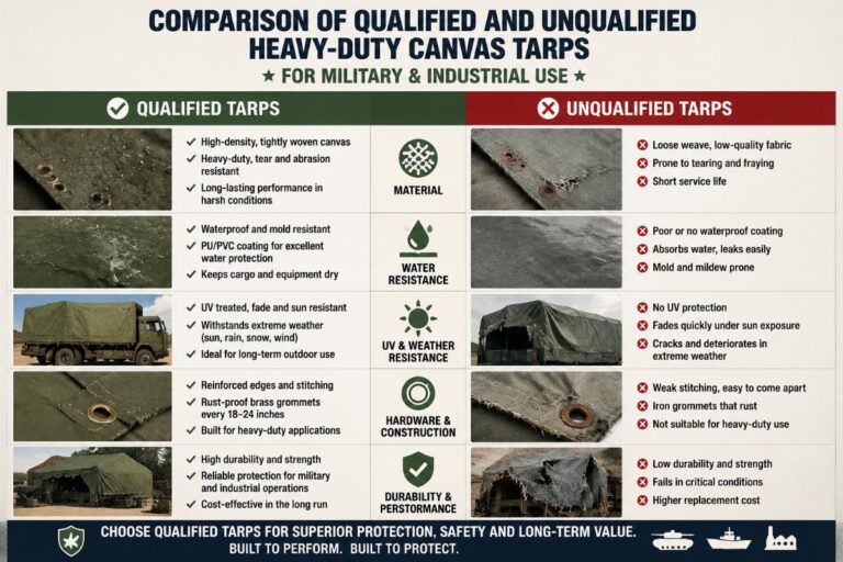 Comparison of qualified and unqualified heavy-duty canvas tarps for military and industrial use