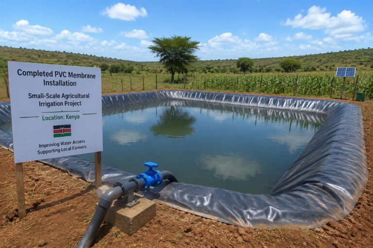 Completed PVC membrane installation for a small-scale agricultural irrigation project in Kenya