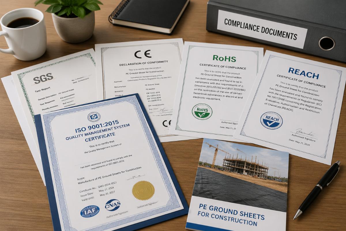 Compliance certification documents for construction PE ground sheets on office desk