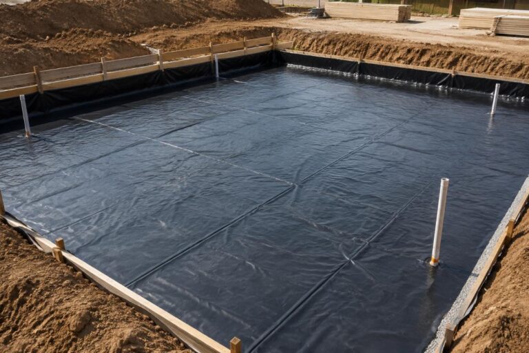 Construction PE ground sheet laid on foundation site before concrete pouring