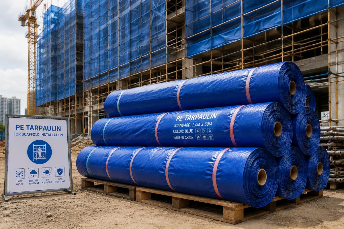 Construction site with stacked PE tarpaulin rolls ready for scaffold installation