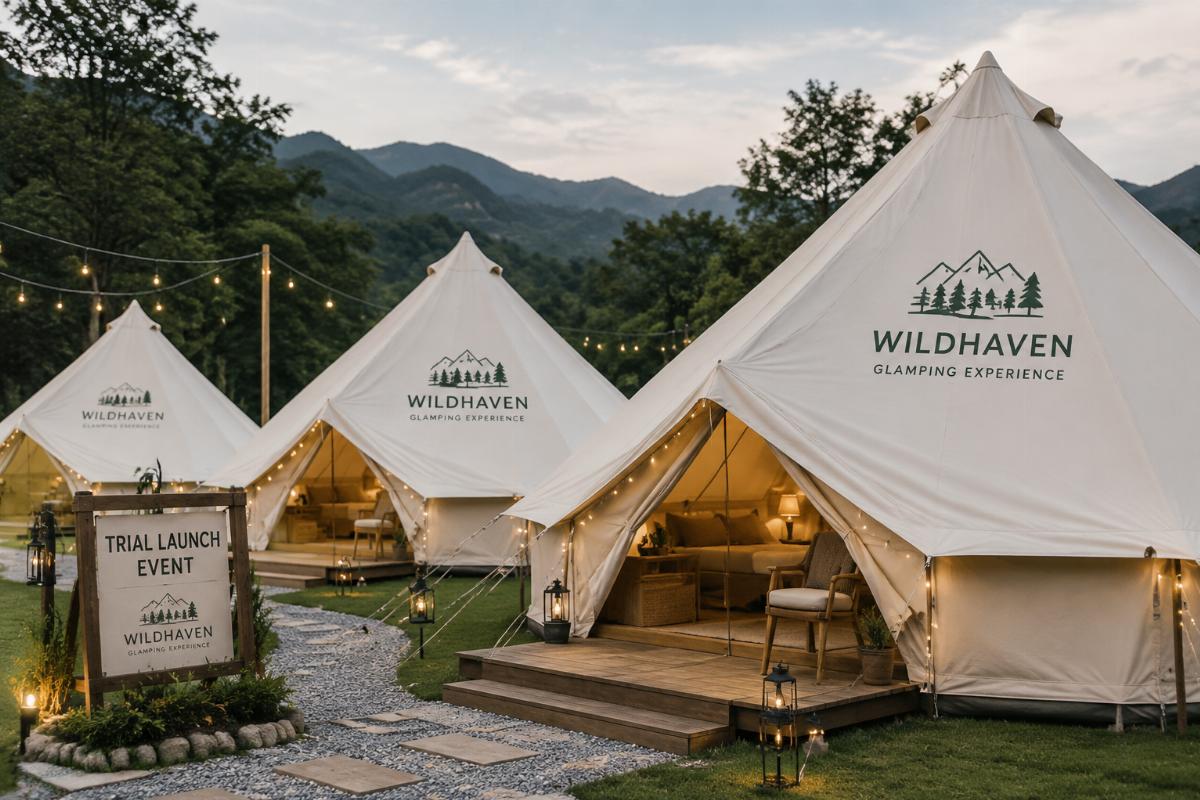 Custom branded glamping tents with site logo printing set up for a trial launch event