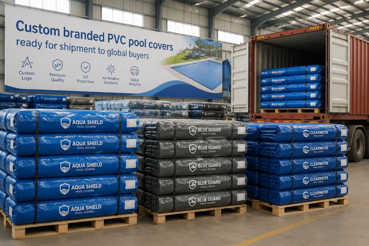 Custom branded PVC pool covers ready for shipment to global buyers