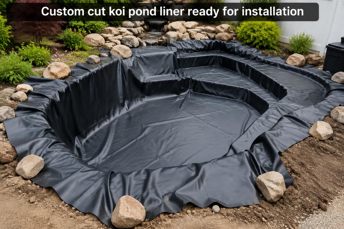Custom cut koi pond liner ready for installation