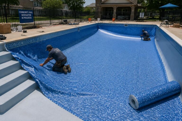Custom cut PVC pool liner being laid for a community pool renovation site