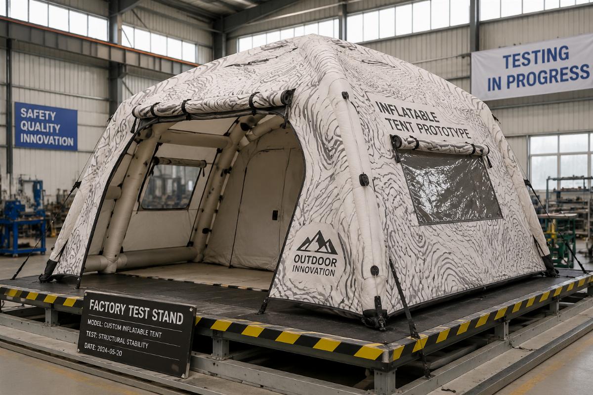 Custom patterned inflatable tent prototype on factory test stand