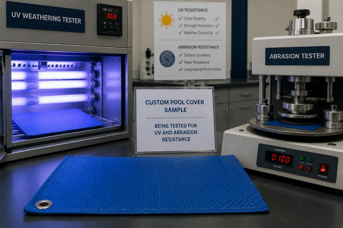 Custom pool cover sample being tested for UV and abrasion resistance