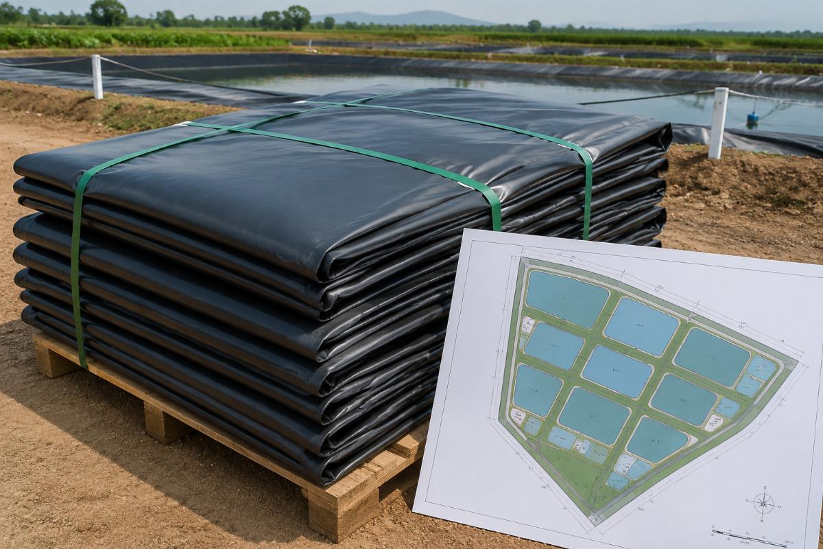 Custom pre-cut PVC liner ready for delivery next to a farm site map