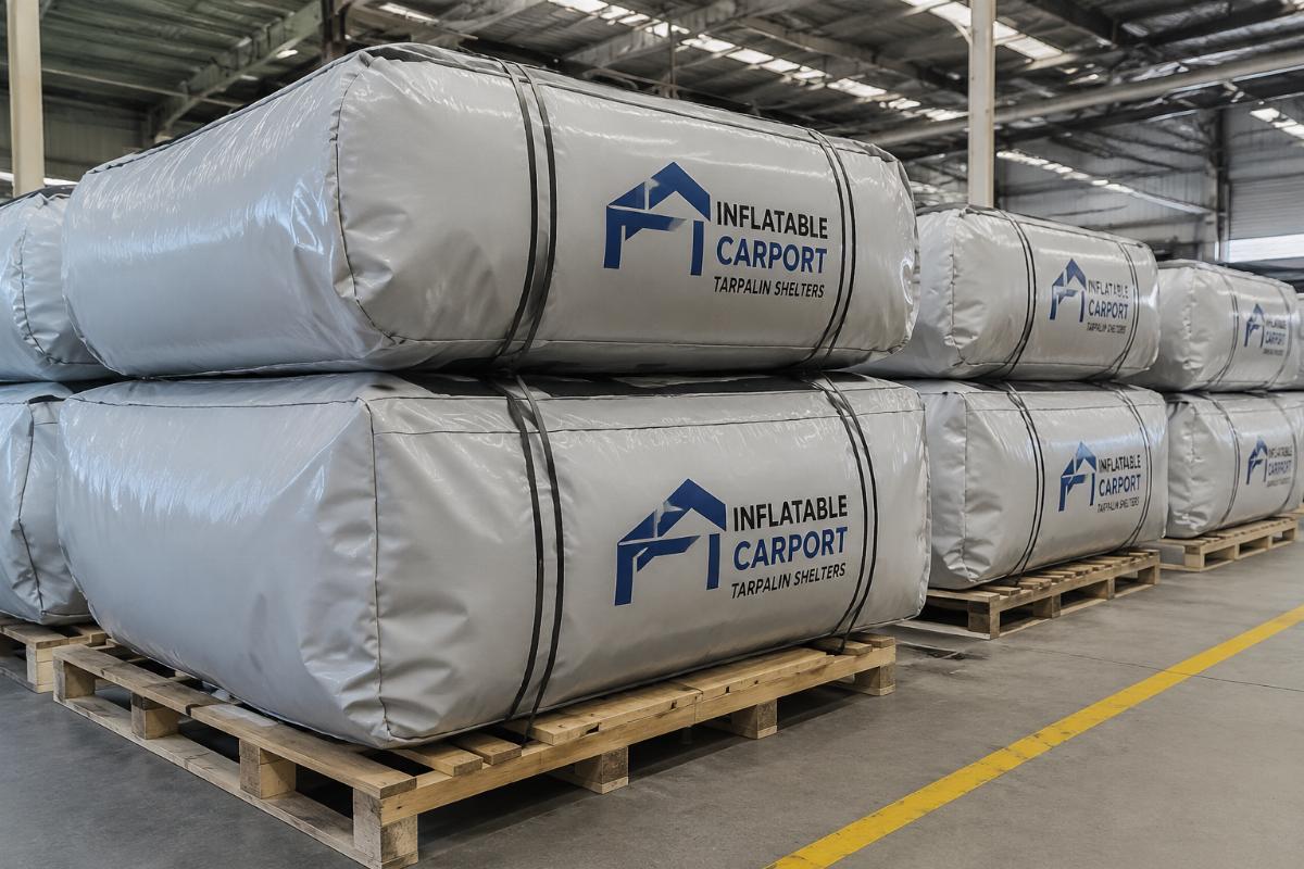 Custom printed inflatable carport tarpaulin shelters ready for shipment