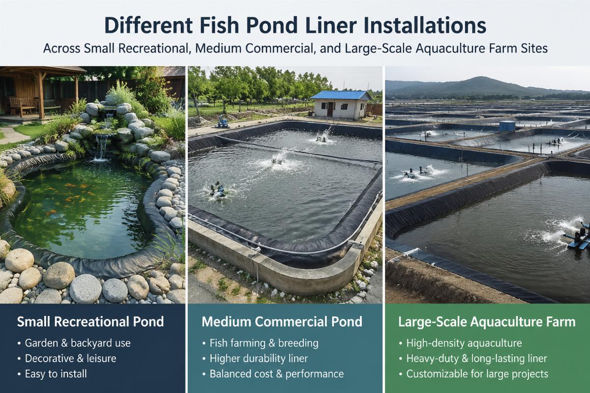 Different fish pond liner installations across small recreational, medium commercial, and large-scale aquaculture farm sites