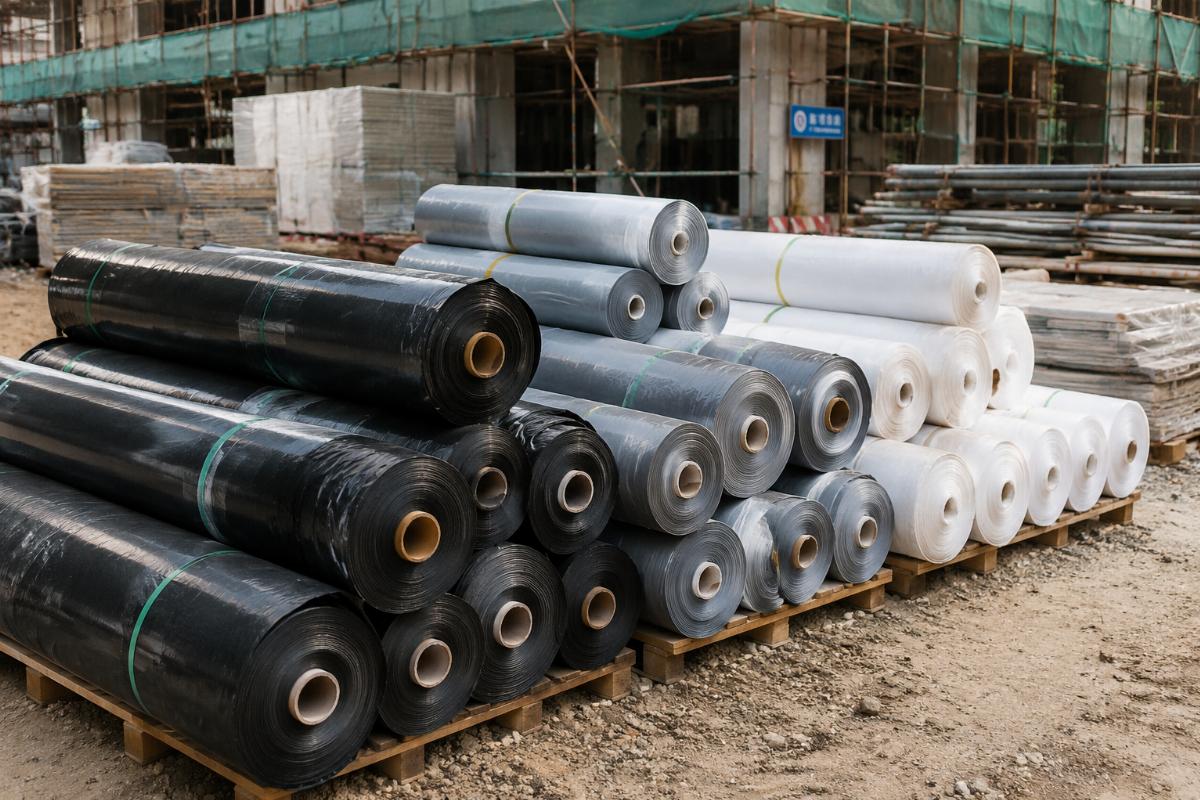 Different size PE ground sheet rolls stacked in construction site storage area