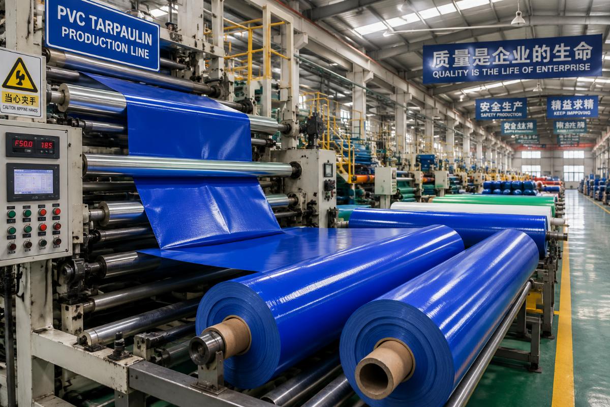 Factory production line running custom PVC tarpaulin rolls