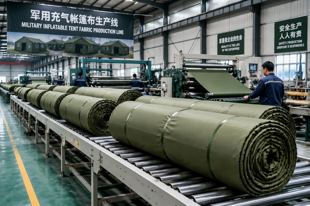 Factory production line running finished military inflatable tent fabric rolls