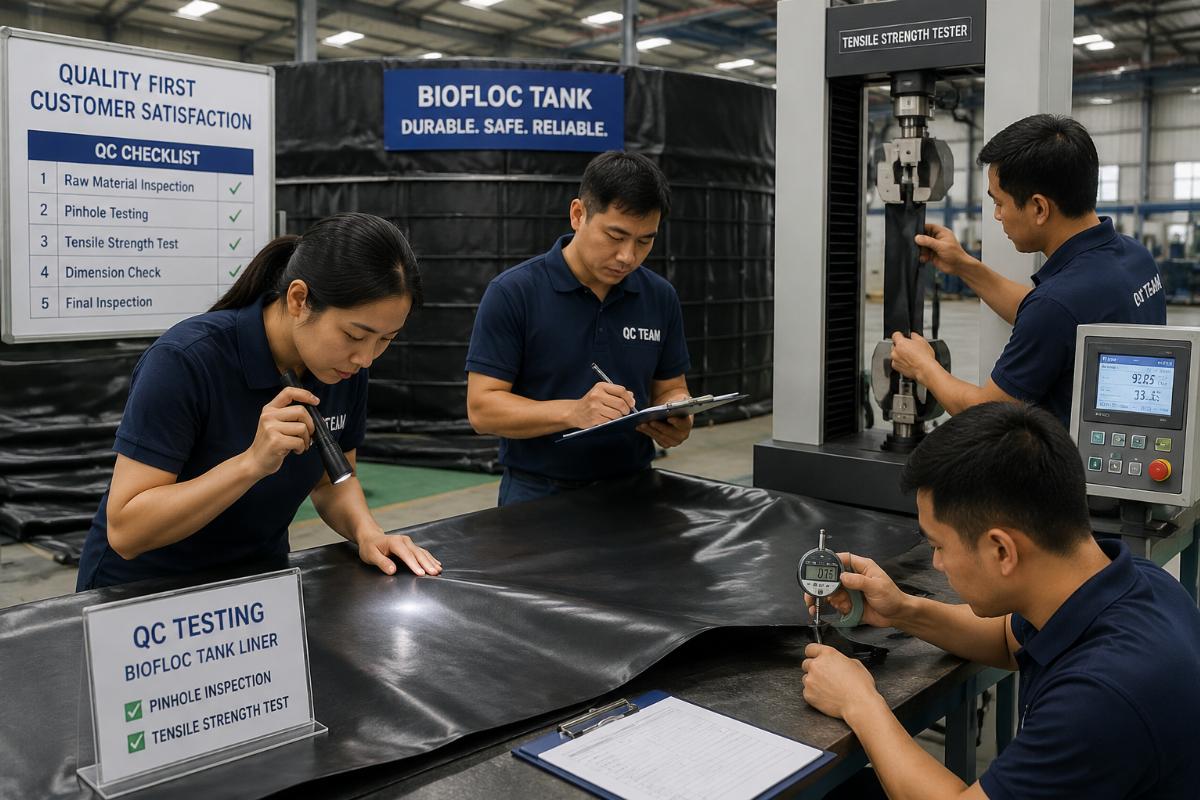 Factory QC team testing biofloc tank liner material for pinholes and tensile strength