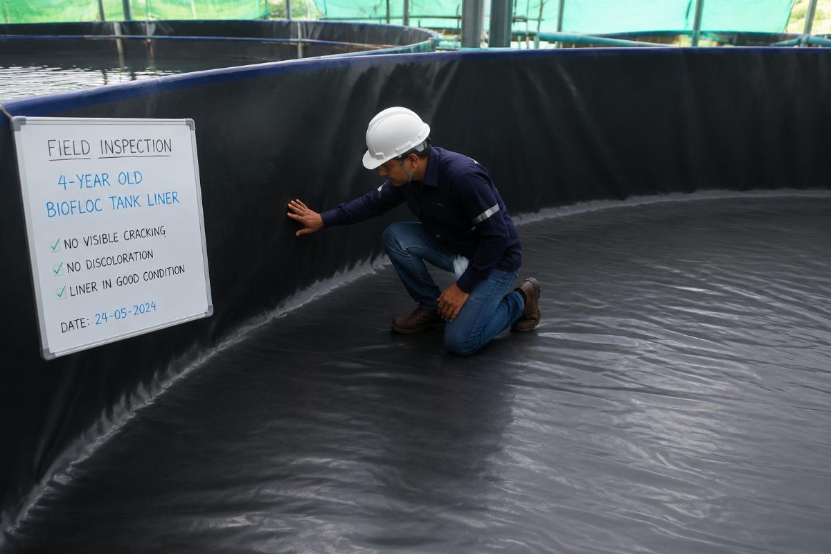 Field inspection of a 4-year old biofloc tank liner showing no visible cracking or discoloration