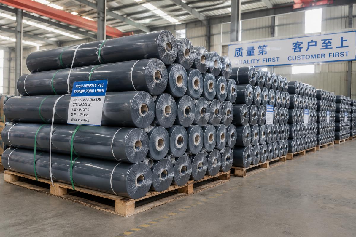 Finished high-density PVC shrimp pond liners stacked in a factory warehouse ready for shipment