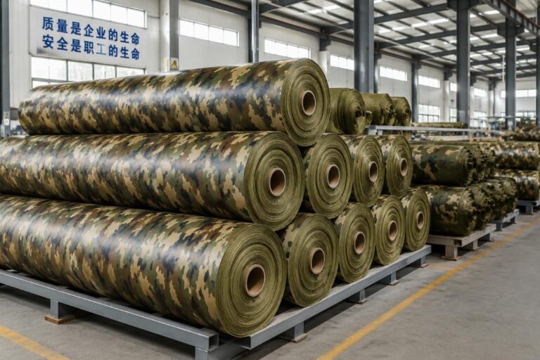 Finished roll of heavy-duty camouflage-printable military inflatable tent fabric stacked in a factory warehouse