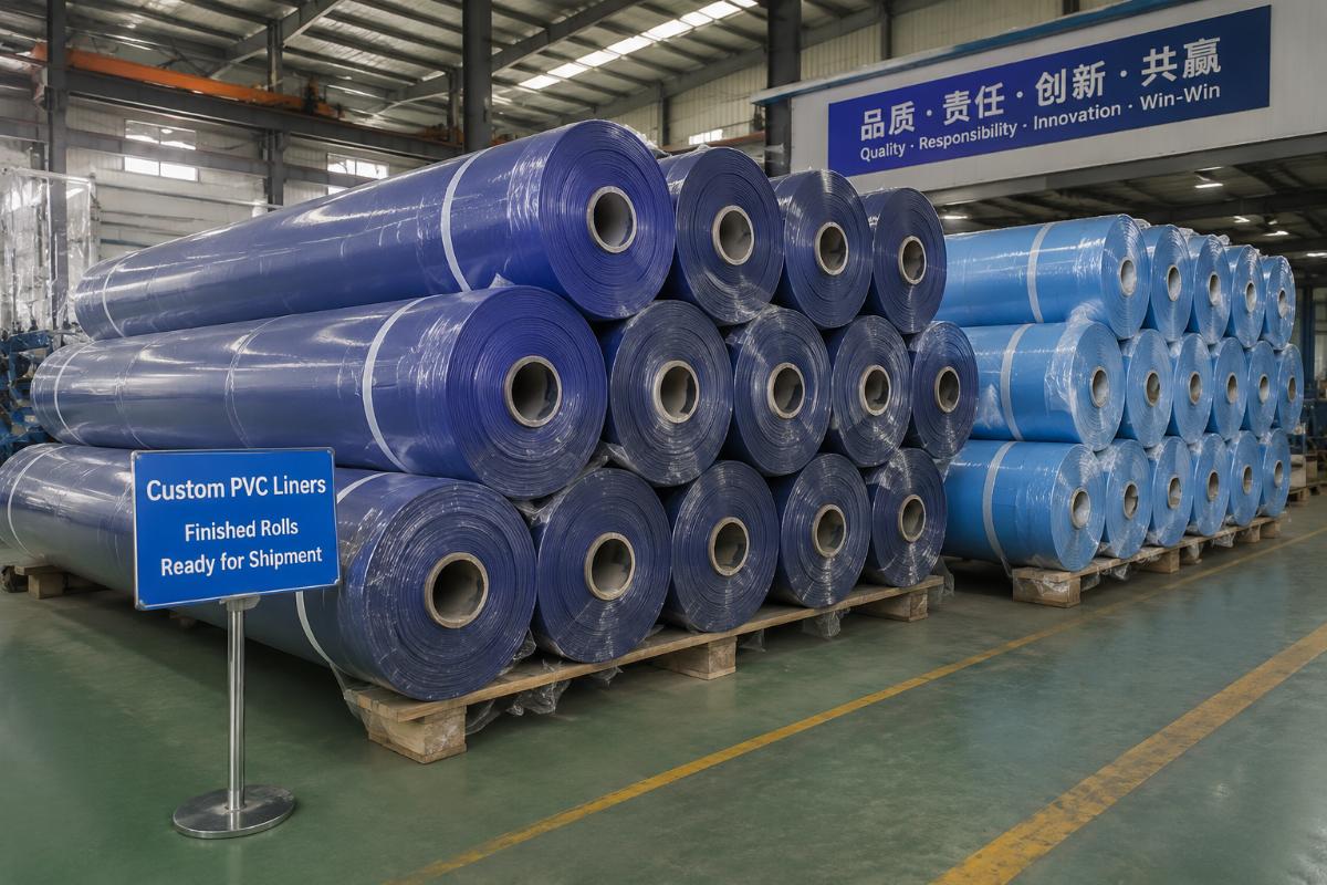 Finished rolls of custom PVC liners stacked in a factory warehouse ready for shipment