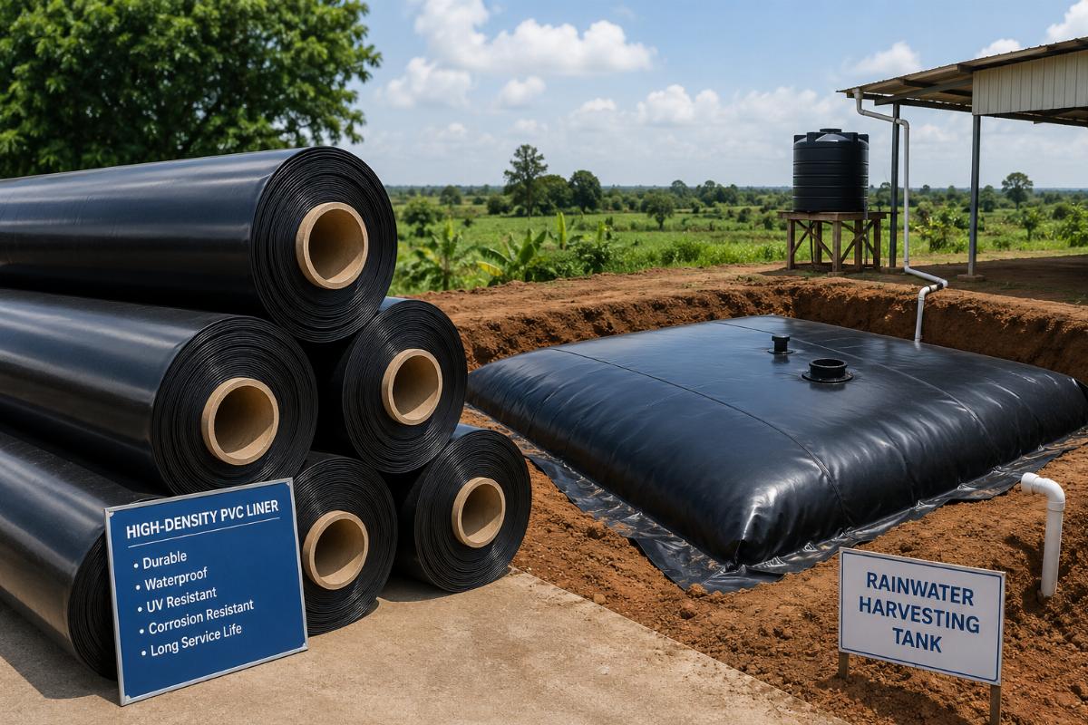 Finished rolls of high-density PVC liner next to a field installation of a rainwater harvesting tank
