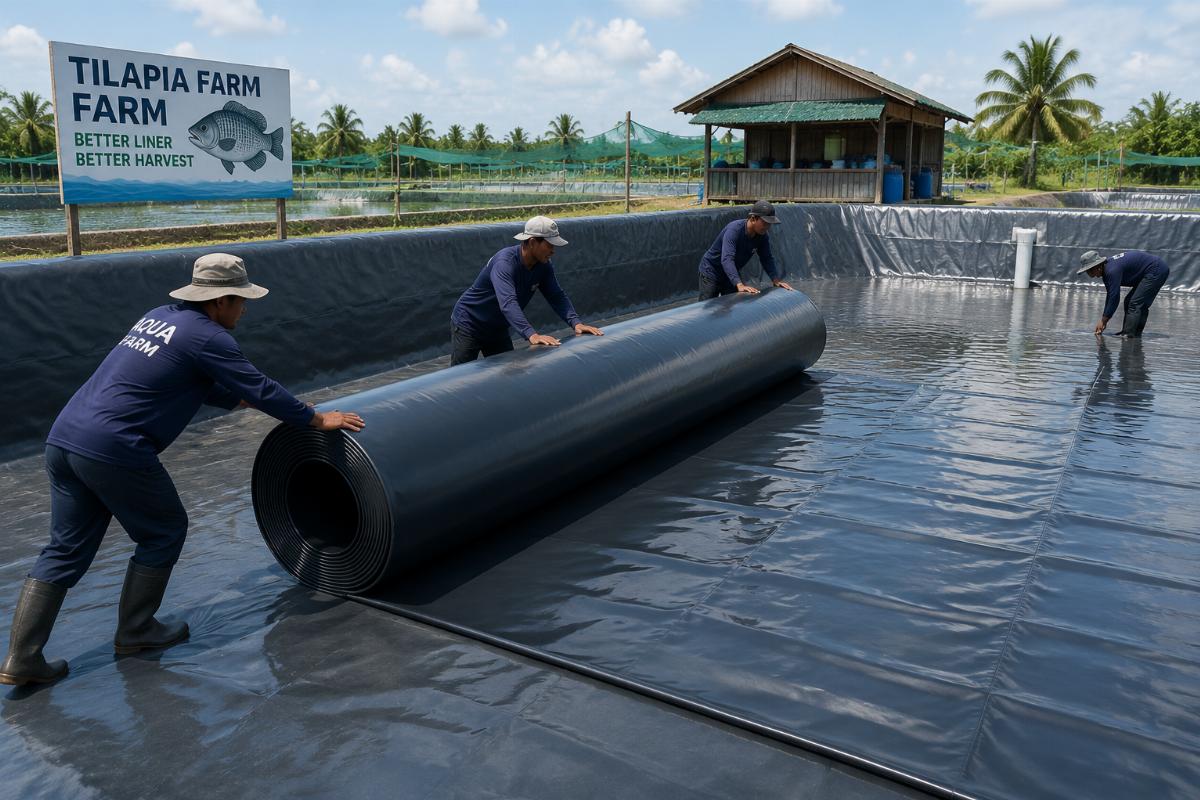 Foldable PVC liner being unrolled for installation on a tilapia farm