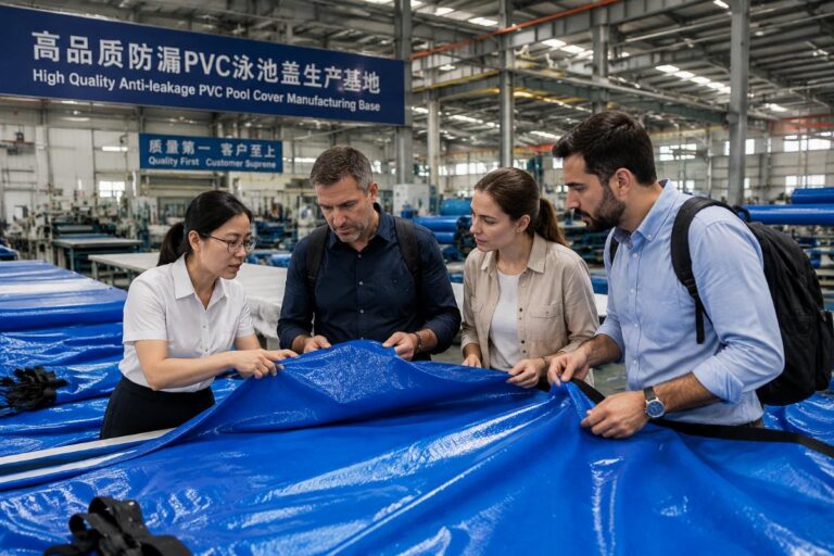 Global buyers inspecting finished anti-leakage PVC pool covers at a Chinese manufacturing facility