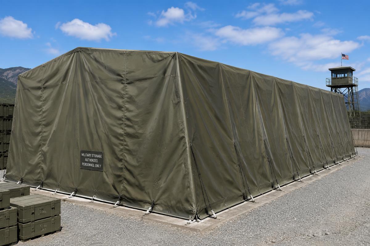 Heavy-duty canvas tarp installed at military storage site