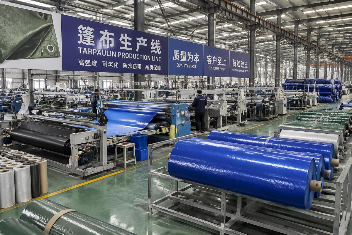 In-house tarpaulin production line at a Chinese manufacturing facility