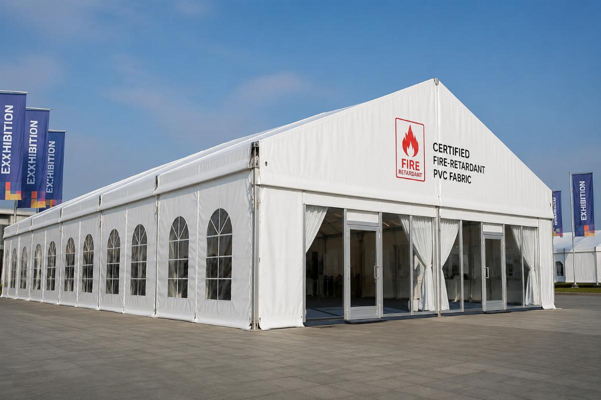 Large format exhibition marquee constructed with certified fire-retardant PVC fabric