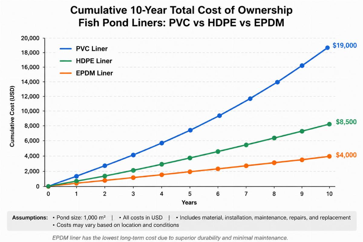Line graph comparing cumulative 10-year total cost of ownership for PVC, HDPE, and EPDM fish pond liners