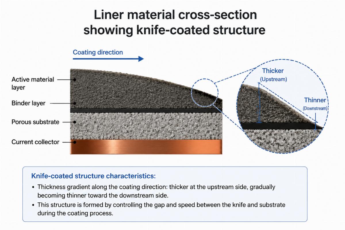 Liner material cross-section showing knife-coated structure