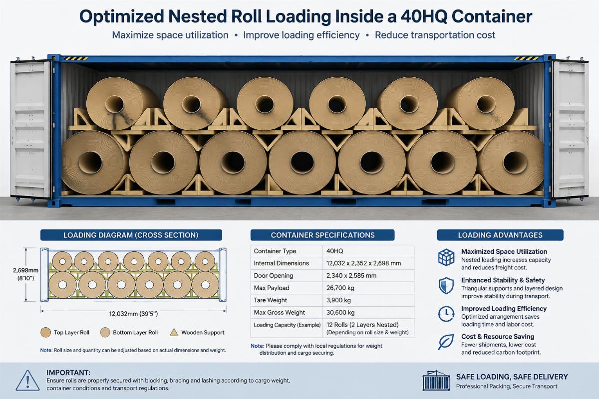 Optimized nested roll loading inside a 40HQ container