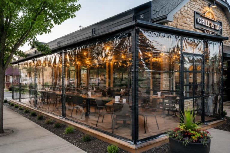 Outdoor restaurant patio with clear PVC enclosure installed